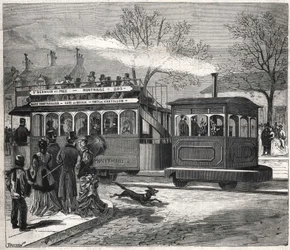 Die neuen Dampfstraßenbahnen in Paris im Jahr 1876 auf der Linie Saint-Germain-des-Prés an der Tür von Chatillon, Gravur. Bianchetti-Sammlung