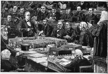 Der Eid des englischen Abgeordneten Charles Bradlaugh (1833-1891) im House of Commons am 21. Februar 1882, ein Kämpfer für den Atheismus, er weigerte sich, den traditionellen religiösen Eid abzulegen, der notwendig war, um seinen Sitz im Parlament zu beset
