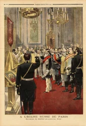 Der Treueeid auf den neuen Zaren Nikolaus II. (1868-1918), in der Kathedrale Saint Alexandre Nevsky, Rue Daru, Paris. Gravur in „Le petit journal“ 18/11/1894. Sammlung Selva