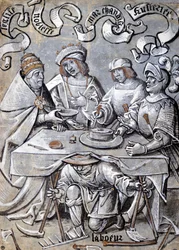 Der Papst, der Adel, die Kaufleute und das Militär schmieden Pläne auf dem Rücken des Volkes (ein Bauer) - antipapistische Karikatur