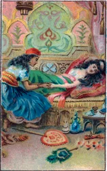 Die Prinzessin fällt in Ohnmacht. Märchen „Geschichte des verzauberten Pferdes“ in „Tausendundeine Nacht“. Chromolithographie aus dem späten 19. Jahrhundert.