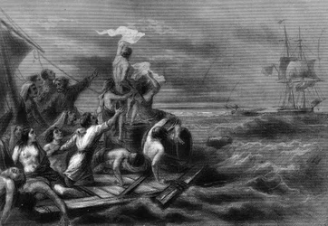 Das Floß der Medusa sieht die Argus vor der Küste. In „Histoire générale de la marine“ von Van Tenac