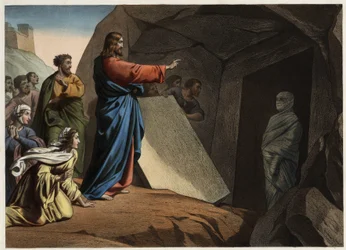 Die Auferstehung des Lazarus. Anonyme Gravur aus der Mitte des 19. Jahrhunderts.