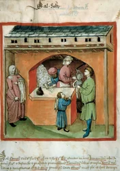 Der Salzverkäufer, Eluminure aus dem Handel mit Medizin und Diätetik „Tacuinum sanitatis“