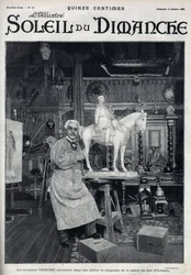 Der Bildhauer Jean Léon (Jean-Léon) Gérôme (1824-1904) vollendet in seinem Atelier das Modell der Statue des Herzogs von Aumale - Gravur in „Le sun-du-dimanche“, 15. Oktober