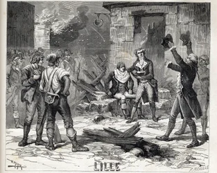 Die Rasierseife von Lille. Eine Episode aus der Belagerung von Lille im Jahr 1792 während der Französischen Revolutionskriege - Belagerung von Lille 1792: die Maes-Perücke verwendet eine Bombensplitter als Rasierseife.