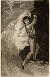 Das Schiffswrack von Robinson Crusoe, Gravur eingefügt in „Die Abenteuer von Robinson Crusoe“ von Daniel Defoe (1660-1731), Ausgabe der Bildungsbuchhandlung, Paris 1838. Selva-Sammlung