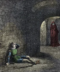 Das Gespenst des Turms. Der Gefangene in einem Verlies sieht einen Geist vor sich. Illustration für „The Tower of London“ von William Harrison Ainsworth