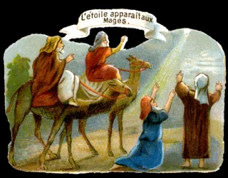 Der Stern erscheint den Weisen, um sie zu Christus zu führen. Chromolithographie des 19. Jahrhunderts