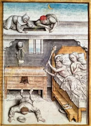 Der Dieb, der in ein Haus eingebrochen ist, wird bestraft. Miniatur aus einer deutschen Übersetzung der Fabeln von „Kalila (Calila) und Dimna“ von Bidpai (ms. 1389, fol. 4) um 1480