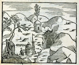 Das Grab Vergils (70 v. Chr. - 19 v. Chr.) in Pozzuoli. Holzschnitt nach einem Reiseführer aus dem 17. Jahrhundert.