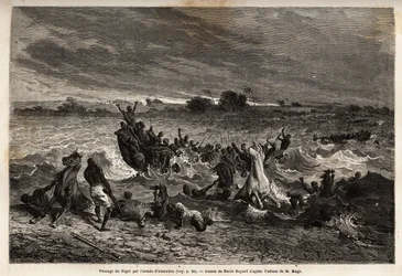 Der Transport der Armee von König Ahmadou auf dem Niger während der Regenzeit verursachte zahlreiche Schiffbrüche und viele Verluste an Pferden. Illustration der Reise in den westlichen Sudan von Leutnant (Marine) M. Mage, 1863-1866, veröffentlicht in "Le