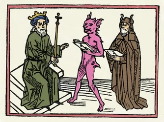 Der Prozess von Belial: „Dämon Belial stellt Richter Salomon seine Referenzen vor“ Gravur aus „Der Prozess von Belial“ von Jacobus de Teramo (oder Palladino), Augsburg