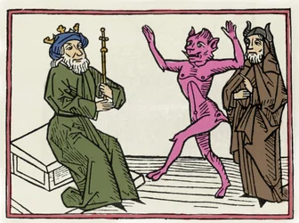 Der Prozess von Belial: „Der Dämon Belial tanzt vor Richter Salomon“ Gravur aus „Der Prozess von Belial“ von Jacobus de Teramo (oder Palladino), Augsburg