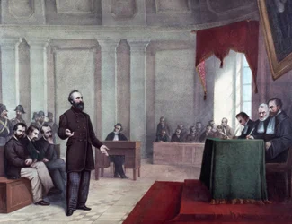 Der Prozess von Felice Orsini (1819 - 1858), der am 14. Januar 1858 das Attentat auf Napoleon III. verübte. Lithographie aus dem späten 19. Jahrhundert