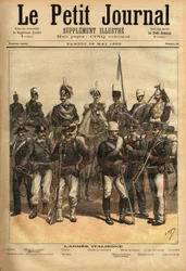 Die Uniformen der italienischen Armee, zu Pferd von links nach rechts: die Artillerie, der Kavallerieoffizier, der General, der Oberst der Carabinieri, der Offizier der Guides, das 10. Lanzenregiment, der Hundertste. Stehend von links nach rechts: der