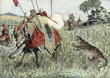 Die Reise des Prinzen von Wales (später Edward VIII, dann Herzog von Windsor) (1894-1972) nach Britisch-Indien, hier bei einer Tigerjagd dargestellt