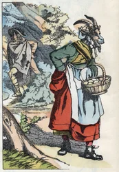 Der Wolf sucht die Ziege, die ihr Zuhause verlässt. Illustration des Märchens „Compere le Loup, Maitre Renard, Comere la Chevre et ses petits biquets“ nach einer Fabel von Jean de La Fontaine. In „Märchen aus dem Heim für die Kleinen“. Anonyme Gravur des 1