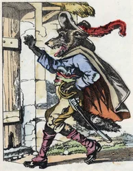 Der Wolf klopft an die Tür des Biquet-Hauses. Illustration aus dem Märchen „Compere le Loup, Maitre Renard, Comere la Chevre et ses petits biquets“ nach einer Fabel von Jean de La Fontaine. In „Märchen aus dem Heim für die Kleinen“. Anonyme Gravur