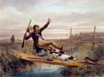 Der Fehltritt. Ein Jäger fällt von einer kleinen Brücke, gestoßen von Hunden, die einen Hasen jagen. Gravur des 19. Jahrhunderts. Gien, Jagdmuseum