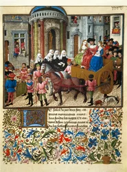 Theseus in Athen. Miniatur aus einem französischen Manuskript von „Teseida delle nozze di Emilia“ von Giovanni Boccaccio (1313-1375)