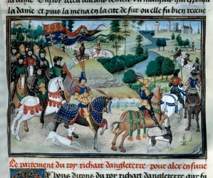 Dritter Kreuzzug: Richard Löwenherz (oder Richard I. von England (1157-1199)) segelte im Juni 1191 ins Heilige Land beim Aufbruch von Zypern. Miniatur aus „Chroniken der Kaiser“ von Loyset Liedet (1420-1479) 15. Jahrhundert. Paris, Bibliothek des Arsenal