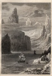 Dritte Reise (1776-1779) von Kapitän James Cook (1728-1779): Eingang von Prince William (Alaska) - Illustration aus „Die großen Seefahrer des 18. Jahrhunderts“
