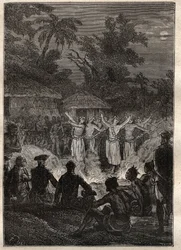 Dritte Reise (1776-1779) von Kapitän James Cook (1728-1779): ein Fest auf den Freundschaftsinseln (Königreich Tonga, Polynesien) - Illustration aus „Die großen Seefahrer des 18. Jahrhunderts“