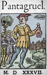 Titelseite der Ausgabe von 1537 von Pantagruel, von Francois Rabelais - Der Riese Pantagruel und zwei seiner Apostel, aus 