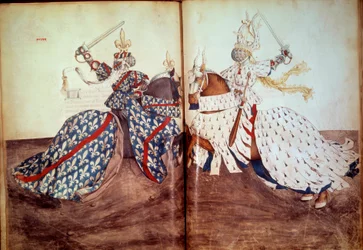 Turnier: Spiel des anklagenden Herrn und des verteidigenden Herrn (Herzog von Bretagne und Herzog von Bourbon gegenüber). Manuskript „Buch der Turniere“ von Rene d