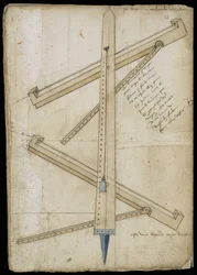 Turmmessmaschine - Manuskript: Pergamentblatt eines Ingenieurhandbuchs für den Bau ziviler, religiöser und militärischer Gebäude, anonym, späte 15. Jahrhundert (Figur in chinesischer Tinte)