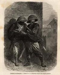Zwei Ronins (Samurai, die ihren Meister verloren haben) stehen im Hinterhalt. Gravur zur Illustration der Reise nach Japan in den Jahren 1863-1864 von Aime Humbert, Minister der Schweizerischen Eidgenossenschaft, in „Le tour du monde, nouveau journal des v