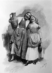 Zwei junge Frauen aus dem Volk, Bewohnerinnen von Palermo. Sizilien Gravur des 19. Jahrhunderts