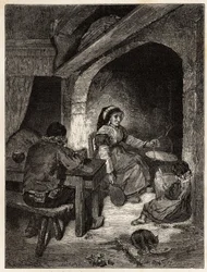 Ein Gasthausherd in Saint Cernin, Gravur zur Illustration einer Reise zu den Vulkanen Zentralfrankreichs im Jahr 1864, in 