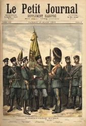 Uniformen der russischen Infanterie, verbündet mit Frankreich, von links nach rechts: der Grenzschutz, der Oberfeldwebel der Wachen, das Pavlowski-Regiment, der Offizier, der Oberoffizier, der Palastgrenadier, die Artillerieuniform und der Soldat. Gravur i