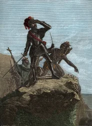 VASCO NUNEZ de BALBOA (1475-1519) - Spanischer Entdecker - Balboa entdeckt den Pazifischen Ozean im Jahr 1513 (Stich nach dem Gemälde von Mr. Urdaneta)