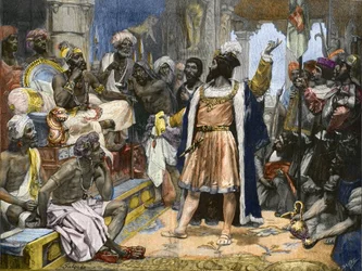 Vasco da Gama übergibt den Brief von König Manuel von Portugal an den Samorim von Calicut - nach einem Gemälde