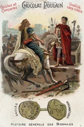 Vercingetorix (72-46 v. Chr.), Anführer des gallischen Aufstands, legt nach dem endgültigen Verlust der Stadt Alesia seine Waffen zu Füßen Caesars (100-44 v. Chr.) nieder - in „Allgemeine Geschichte der Münzen“ - Chocolat-Poulain-Chromolithografie aus dem