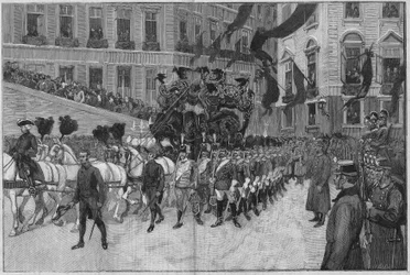 Wien 1889: Das Begräbnis von Prinz Rudolf (Erzherzog Rudolf von Habsburg (1858-1889), Kronprinz von Österreich). Der Prozessionszug vor der französischen Botschaft