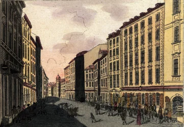 Ansicht der Kohlmarktstraße in Wien, Österreich. Gravur von 1820