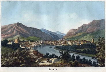 Ansicht von Trient (Südtirol, Italien) (Trient) - 19. Jahrhundert - Stich aus „Usi e Costumi di Tutti i Popoli dell