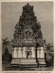 Ansicht eines der Gombroons oder Portiken einer Pagode in Pondichery (Indien). Illustration einer Expedition zur Pagode von Chillambaran (Coromandelküste), 1838-1844, von Konteradmiral Paris, Direktor des Depot des Karten