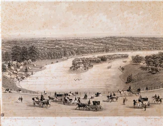 Ansicht des Bois de Boulogne in Paris. Lithographie von 1850. Private Sammlung