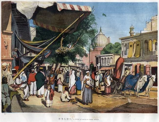 Ansicht der Stadt Neu-Delhi in der Nähe der Moschee Juma Masjid, Indien im Jahr 1857 in „The Illustrated London News“ (28. November 1857).