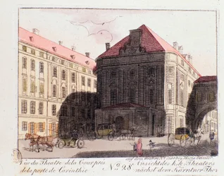 Ansicht des Hoftheaters am Kärntnertor in Wien, wo Beethovens 9. Symphonie am 07.05.1824 erstmals aufgeführt wurde. Österreich. Gravur von 1815. Private Sammlung