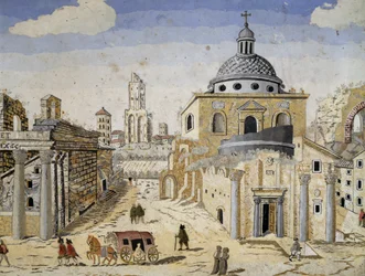 Ansicht des Forum Romanum, Ende des 17. Jahrhunderts, Scagliola auf Terrakotta-Untergrund (Detail)