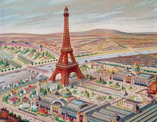 Ansicht der Weltausstellung mit den verschiedenen Pavillons und dem Eiffelturm