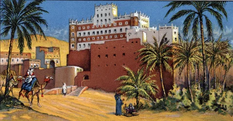 Ansicht des Schlosses von Sultan Al Kathiri, Seiyun, Hadramaout, Jemen, Chromolithographie der 1930er Jahre Private Sammlung