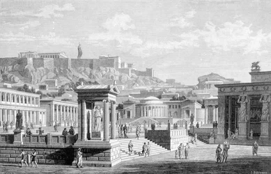 Ansicht des Stadtzentrums von Athen. Gravur von 1877