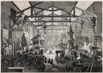 Ansicht der Bauwerkstätten von Eugène Delessert, Gesellschaft zur Organisation öffentlicher Feste, Avenue Dauphine in Paris - Gravur in „Le Monde Illustré“